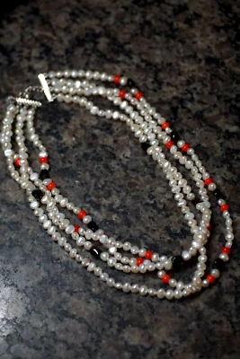 4 Strand Cultured Pearl/ Red Coral/Black Onyx   16"-18"  Necklace Sterling  NWOT - Image 1 of 4