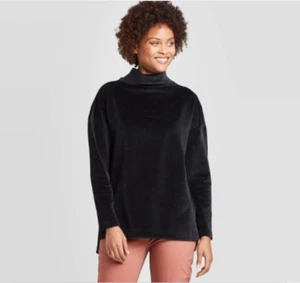 Women's Mock Turtleneck Velour Rib Sweatshirt - A New Day - Black - XS/XL - C429 - Picture 1 of 2