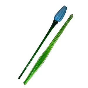 Art Glass Hand Blown Flower Blue Long Green Stem Flower With Leaf Stem Read - Picture 1 of 17