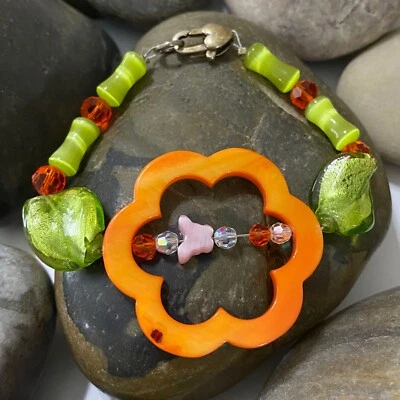 Artisan Floral Orange & Green Abalone Swarovski crystal Cats Eye Child Bracelet - Image 1 of 3