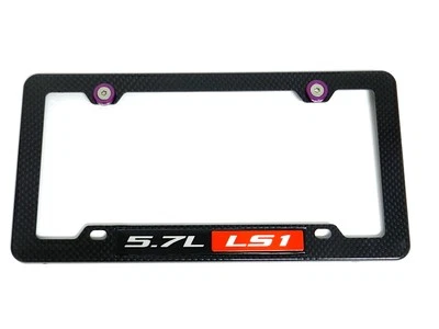 5.7L LS1 CARBON FIBER LOOK LICENSE PLATE FRAME W/ 2 PURPLE WASHERS & BOLTS - Image 1 of 4