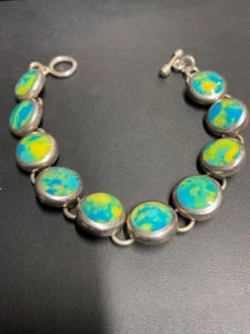 VINTAGE 950 STERLING SILVER GREEN/YELLOW TURQUOISE TOGGLE  BRACELET - Picture 1 of 9