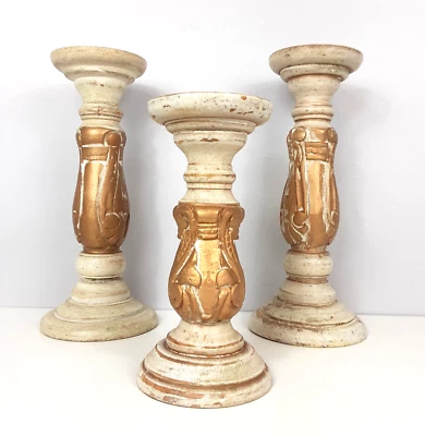 Set Of 3 Rustic Distressed Wooden Candle Holders Round Pillar Carved Castlecore - Image 1 of 4