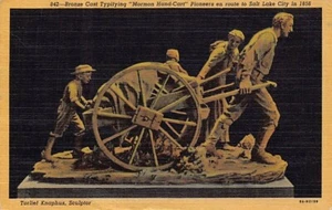 Postcard UT: Mormon Hand Cart Sculpture, Vintage Linen, Utah, Posted 1951, LDS - Picture 1 of 2