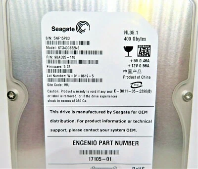 SEAGATE  HAWK ST3400832NS PN 9BA385-110, FW 5.23 400GB SATA 3.5 HDD  - Image 1 of 3