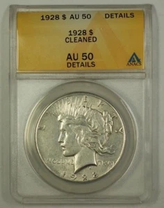 1928 US Silver Peace Dollar $1 Coin ANACS AU-50 Details Cleaned *Key Date (1) - Picture 1 of 2