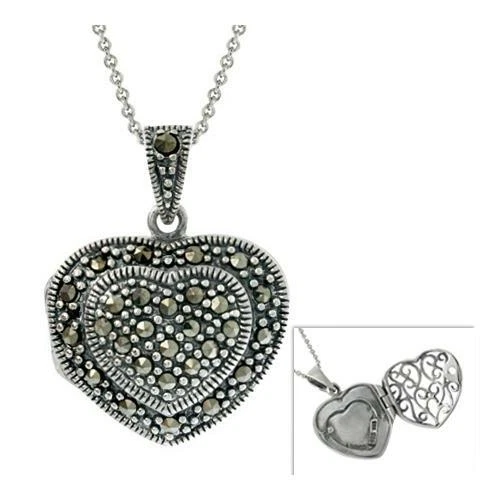 Colgante medallón corazón inflado de marcasita de plata 925, 18" Foto 1 de 1