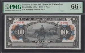 1913 MEXICO, Banco del Estado de Chihuahua 10 PESOS  S133a PMG 66 EPQ . - Picture 1 of 2