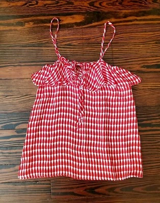 Tucker XXS silk camisole, red and white, ruffle accent, tie front - Image 1 of 4