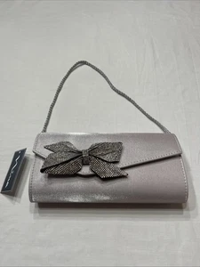 N By Nina Etta Tiered Kyla Crystal Bow Flap Clutch Silver Grey Hand Bag Purse - Picture 1 of 5