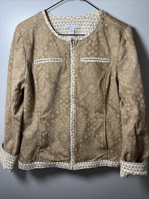 Isaac Mizrahi Live! Chaqueta Mujer Cremallera Talla 12 Marrón Beige Floral Súper Linda Foto 1 de 4