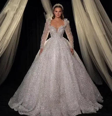 Sweetheart Neck Long Sleeve Wedding Dresses 2025 Pearls Ball Gown Dubai Sparkly - Image 1 of 4
