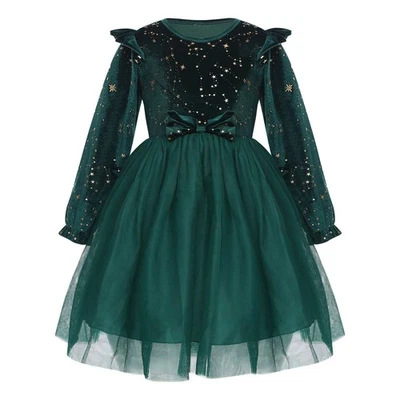 Toddler Girls Princess Dress Stylish Tulle Bow Decor Velvet Long Sleeve Infant - Image 1 of 4