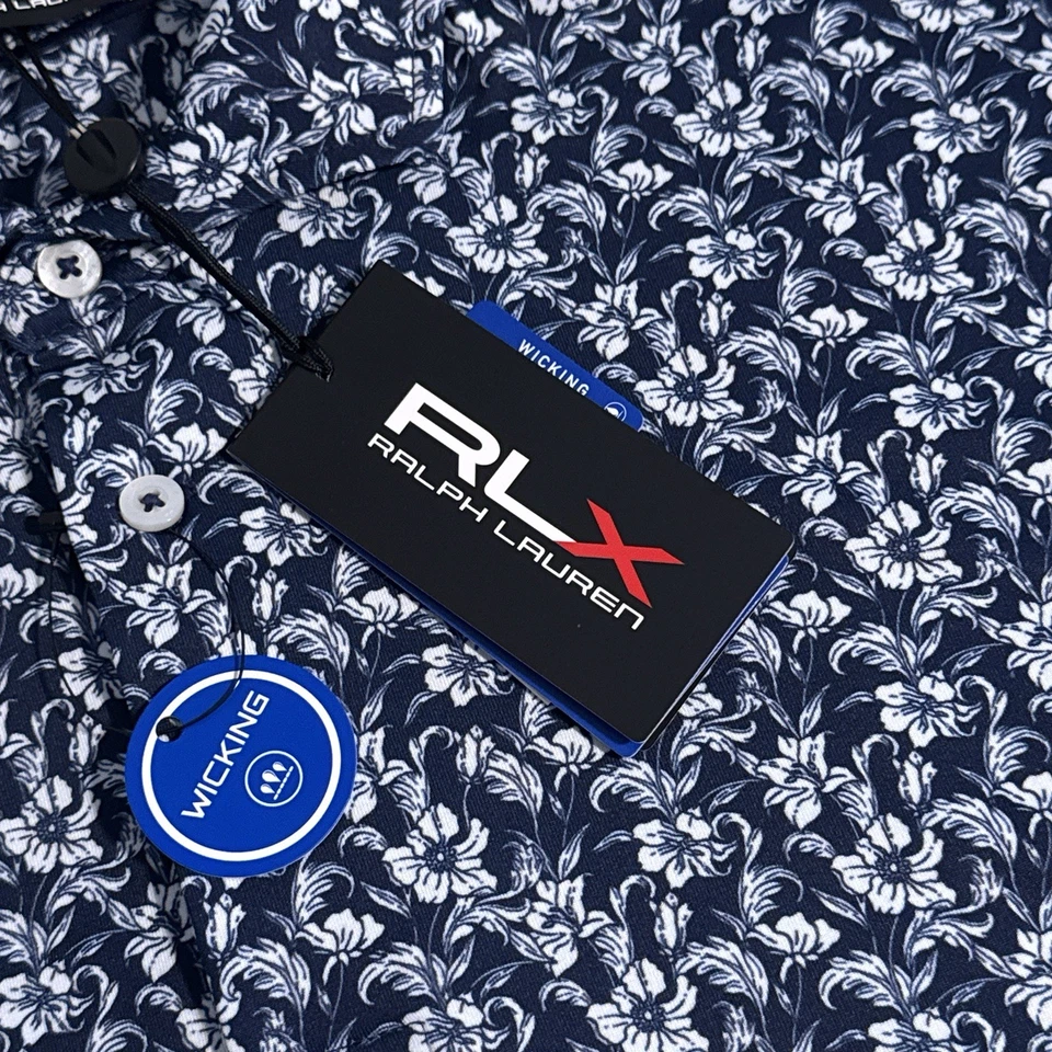 Ralph Lauren RLX Polo Shirt Mens Medium Blue Floral All Over Print Golf