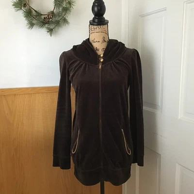Juicy Couture Brown Velour Gold Zip Long Hoodie 90s Y2K Size M - Image 1 of 4