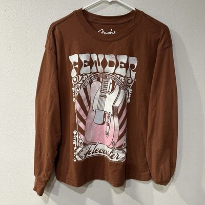 Fender Guitar Retro Print Shirt XS Brown Long Sleeve Graphic Crew Neck Music - Image 1 of 4