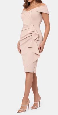 Vestido de cóctel tejido buceo con volantes fuera del hombro Xscape rubor talla: 12 elástico Foto 1 de 3