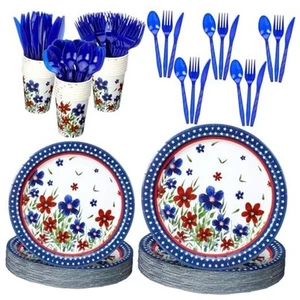 150 Pcs 4th of July Poppy Flower Tableware Set for 25 Guest Patriotic Red - Picture 1 of 7