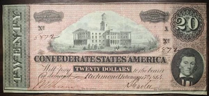1864 $20 Confederate States Of America Circulated Stained Note P132 - Picture 1 of 2