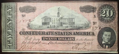 1864 $20 Confederate States Of America Circulated Stained Note P132 - Image 1 of 2