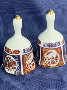 Pair 1970’s Floral Bell 3" Roses Butterfly Cherry Blossom White Porcelain Imari - Picture 1 of 4