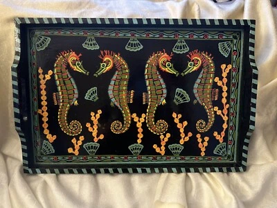 Barbara Finsness Designs BERMUDA SEAHORSES WOODEN TRAY 19.5 x 13 Signed Vtg. - Image 1 of 4