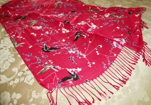 "BEAUTIFUL RED SCARF W/BLACK AND BLUE BIRDS" GENTLY WORN - LOVELY ON!" - Picture 1 of 6