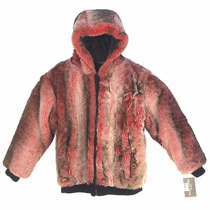 Vintage Mark Andre 717, Unisex 3/4 langer Kunstfellmantel in rot mit Hoodie - Bild 1 von 10