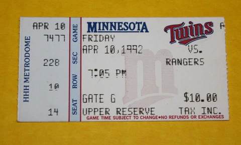 Minnesota Twins Ticket Stub | April 10 1992 | Kirby Puckett Ivan Rodriguez Hit Cover