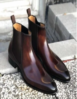 Custom Made New Genuine Handmade Maroon Chelsea Leather Boots For Men's Party Sh - Image 1 of 4