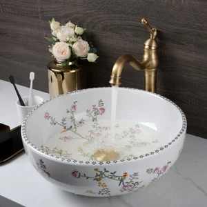 Grifo de latón antiguo lavabo sobre encimera lavabo lavabo de cerámica de 16" - Imagen 1 de 8