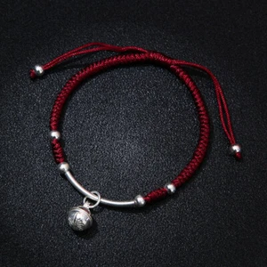Pulsera trenzada campana con cuentas de plata de cuerda roja S925 para protección contra la suerte y la fortuna - Imagen 1 de 5