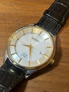 Seiko Solar V157-0Bx0 Quartz Men's Watch White Dial Leather Band Used H - Picture 1 of 6