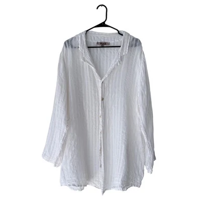 Camisa FLAX de linho listrada transparente com botões branca manga longa tamanho G - Imagem 1 de 4