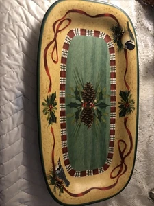 Lenox Wintergrüße Holiday Hors D’Ouevre Tablett Portugal Vögel Tannenzapfen rot - Bild 1 von 8