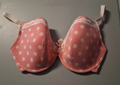 M&S Cotton Rich T-Shirt Bra Womens Size 34F Pink Polka Dots Underwired Padded — 第 1/4 张图片
