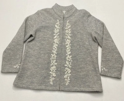 Cárdigan Coldwater Creek Gris Lana Cremallera Mujer 1X Blanco Floral Bordado LEER Foto 1 de 4