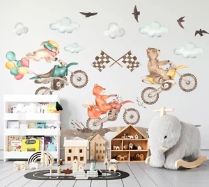 Watercolor Forest Dirt Bikes Bear Rabbit Removable Nursery Wall Decal Sticker - Bild 1 von 5