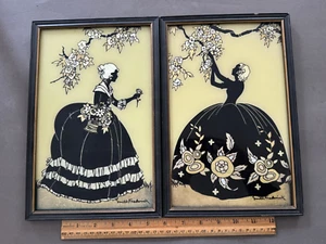 PAR DE SILUETAS VICTORIANAS HERRERO FREDERICK TRANSFERIDAS AL REVÉS MUJER Y FLORES - Imagen 1 de 13