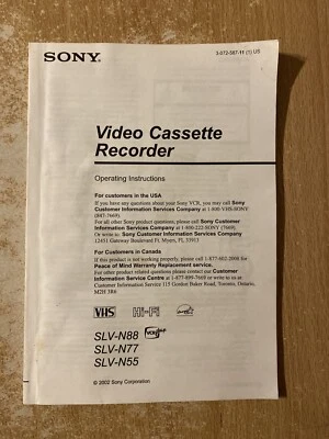 Sony VCR Operating Instructions Manual For SLV-N88 SLV-N77 SLV-N55 - Image 1 of 2