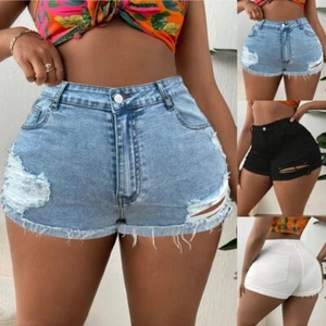 High Waisted Skinny Denim Womens Plus Size Stretchy Summer Ripped Short Jeans - Picture 1 of 26
