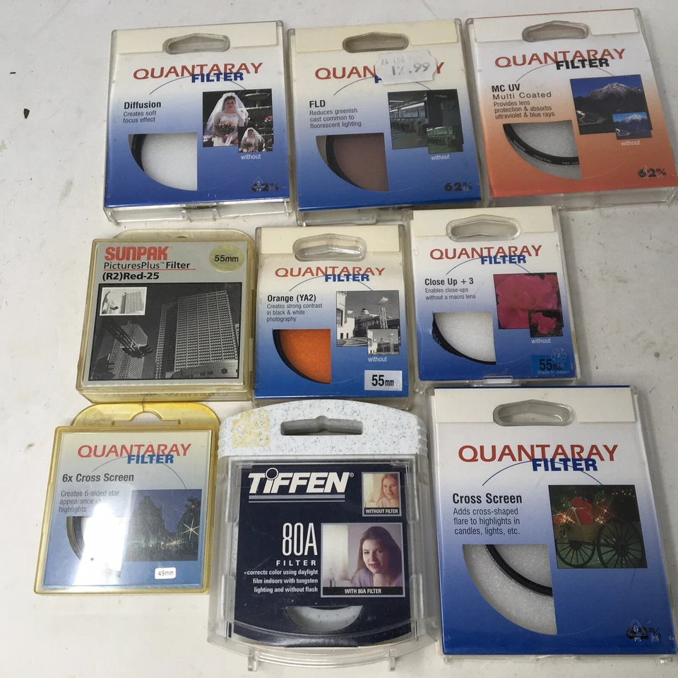 9 Camera Filters Tiffen Quantaray 55mm 62mm  Orange Close Up FLD Sunpak RED 55 - Image 1 of 4