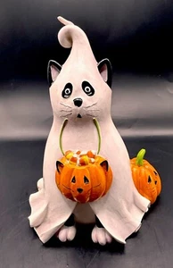 Halloween Trick Or Treat Ghost Cat With Pumpkins Treats Figurine Approx 7 1/4”H - Picture 1 of 18