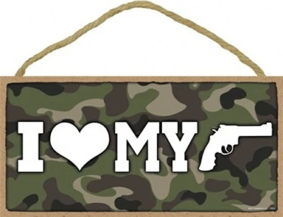 I Heart (love) MY GUN Camo Sign Military Hunter USA MADE 10x5 NEW Wood Sign 970 - Image 1 of 3