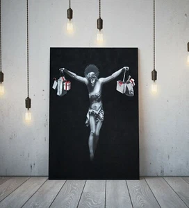 BANKSY CHRIST WITH REGALI - TELA CORNICE PROFONDA STAMPA GRAFFITI ARTE- BIANCO NERO - Foto 1 di 3