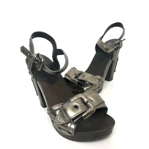 Burberry Metallic Leather High Heel Wooden Sling Back Sandals Women's 39 Italy - Picture 1 of 11