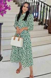 Zara Ecru White Green Geo Geometric Print Karen Tiered Midi Dress size S 10 12 - Picture 1 of 7