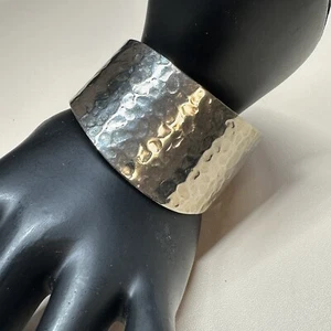 WIDE HAMMERED SILVER TONE CUFF BRACELET 34mm Wide Curved Thick Gauge Metal - Picture 1 of 12