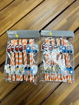 40 canudos de papel - Ideias de festa - Canudos listrados caminhões de construção para transporte - Imagem 1 de 3