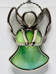 ENGEL ORNAMENT SONNENFÄNGER GLASMALEREI IRISIEREND GRÜN BETENDE HÄNDE VINTAGE - Bild 1 von 5